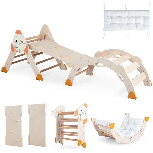 Costway Set da arrampicata per bambini 8 in 1 con cuscino per bambini 1+ anni, Giocattoli montessori da arrampicata in legno Naturale