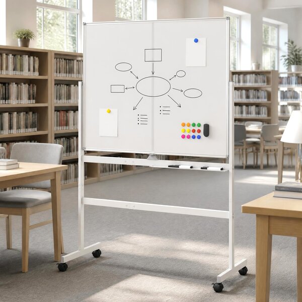 Costway Lavagna bianca mobile con supporto in metallo 4 ruote bloccabili, Lavagna magnetica con doppia faccia per scuola e ufficio Bianco