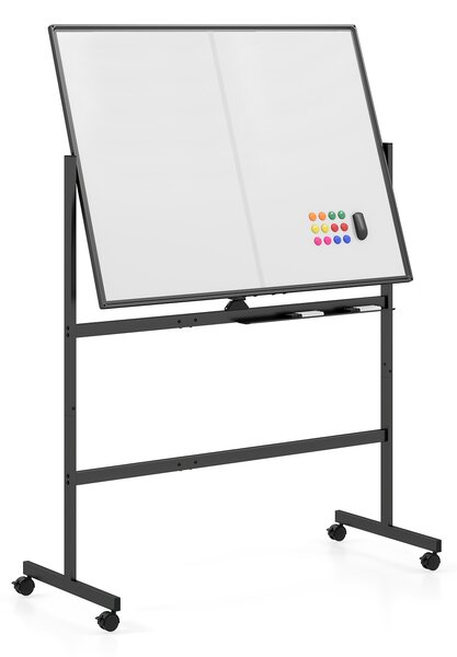Costway Lavagna bianca mobile con supporto in metallo 4 ruote bloccabili, Lavagna magnetica con doppia faccia per scuola e ufficio Nero
