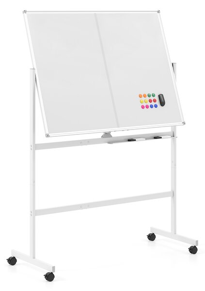 Costway Lavagna bianca mobile con supporto in metallo 4 ruote bloccabili, Lavagna magnetica con doppia faccia per scuola e ufficio Bianco