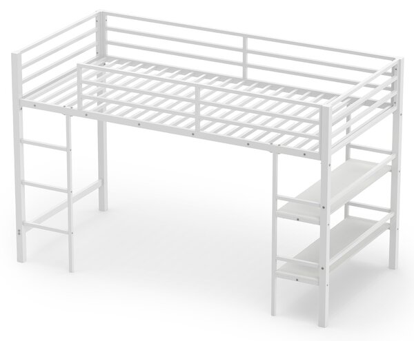 Costway Letto a soppalco in metallo con 2 ripiani portaoggetti, Letto a doghe con ampio spazio inferiore sponde di sicurezza scala a 3 gradini Bianco
