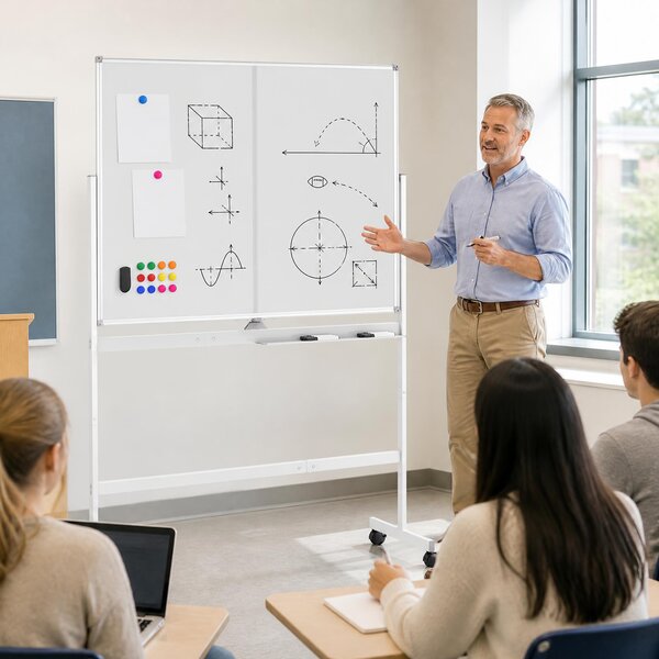 Costway Lavagna bianca mobile con supporto in metallo 4 ruote bloccabili, Lavagna magnetica con doppia faccia per scuola e ufficio Bianco