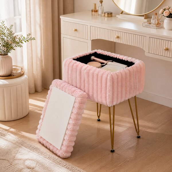 Costway Sgabello da trucco con contenitore per camera da letto e salotto, Sedia da toeletta con coperchio reversibile Rosa