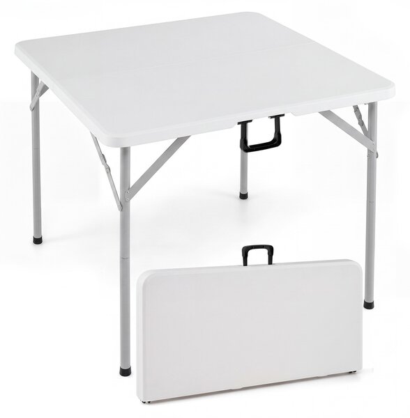 Costway Tavolo da picnic pieghevole in metallo e hdpe portatile con maniglia, Tavolo quadrato da campeggio per esterno e interno Bianco