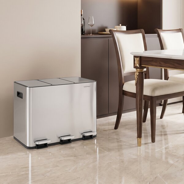 Costway Pattumiera da cucina a 3 scomparti 45 l bidone in acciaio inox, Pattumiera differenziata interno per salotto e sala pranzo