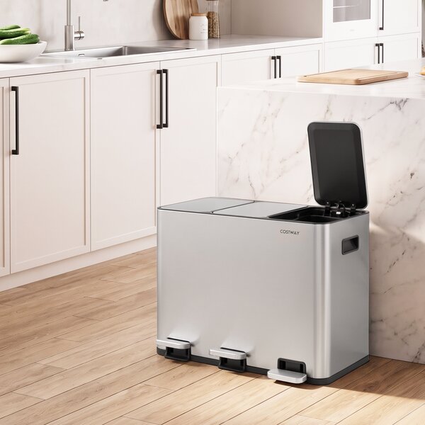 Costway Pattumiera da cucina a 3 scomparti 45 l bidone in acciaio inox, Pattumiera differenziata interno per salotto e sala pranzo
