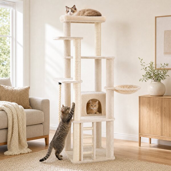 Costway Albero per gatti da interno alto 194 cm per gattini, Tiragraffi per gatti con posatoio 5 piattaforme di salto cuccia