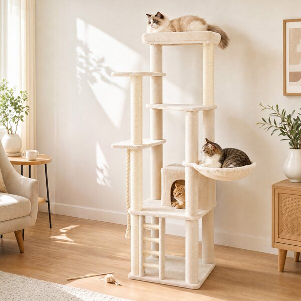 Costway Albero per gatti da interno alto 194 cm per gattini, Tiragraffi per gatti con posatoio 5 piattaforme di salto cuccia