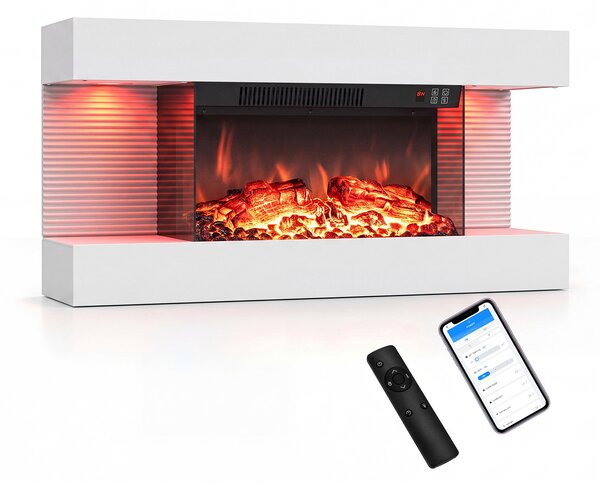 Costway Camino elettrico da parete/terra su 3 lati con 12 colori di fiamma, Caminetto decorativo da parete con luci led e timer 1-8h 82 x 20,5 x 42 cm Bianco