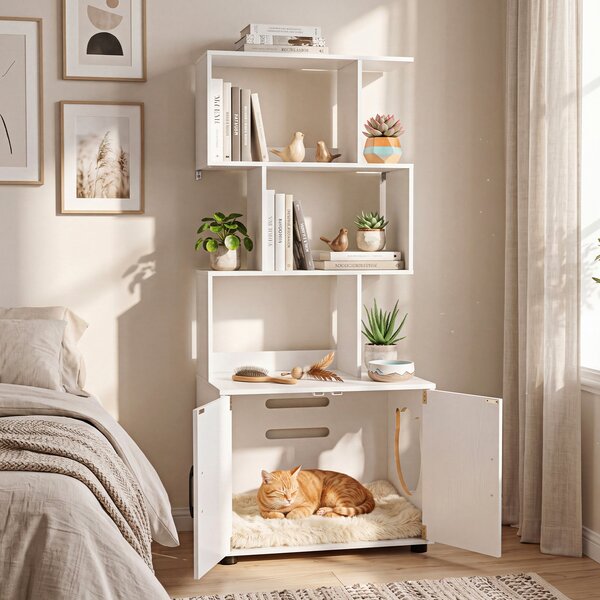 Costway Mobile lettiera nascosta per gatti con ripiani portaoggetti, Cuccia animali domestici moderna da interno con armadietto a 2 ante Bianco