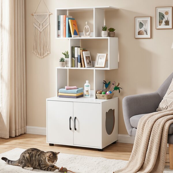 Costway Mobile lettiera nascosta per gatti con ripiani portaoggetti, Cuccia animali domestici moderna da interno con armadietto a 2 ante Bianco