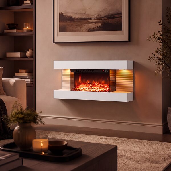 Costway Camino elettrico da parete/terra su 3 lati con 12 colori di fiamma, Caminetto decorativo da parete con luci led e timer 1-8h 82 x 20,5 x 42 cm Bianco