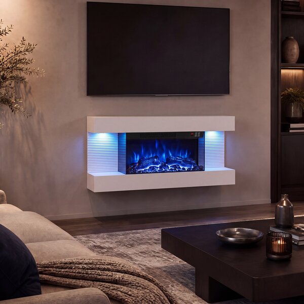 Costway Camino elettrico da parete/terra su 3 lati con 12 colori di fiamma, Caminetto decorativo da parete con luci led e timer 1-8h 82 x 20,5 x 42 cm Bianco