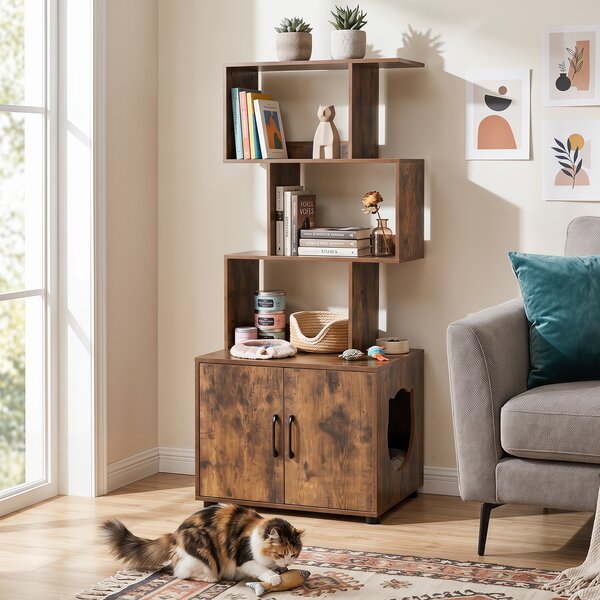 Costway Mobile lettiera nascosta per gatti con ripiani portaoggetti, Cuccia animali domestici moderna da interno con armadietto a 2 ante e entrata laterale