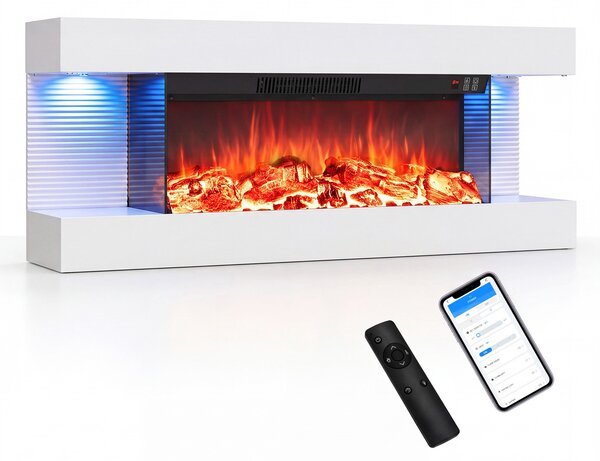 Costway Camino elettrico da parete/terra su 3 lati con 12 colori di fiamma, Caminetto decorativo da parete con luci led e timer 1-8h 101,5 x 20,5 x 42 cm Bianco