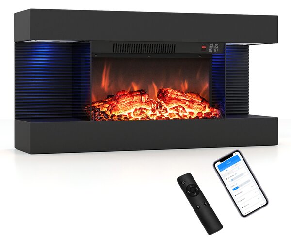 Costway Camino elettrico da parete/terra su 3 lati con 12 colori di fiamma, Caminetto decorativo da parete con luci led e timer 1-8h 82 x 20,5 x 42 cm