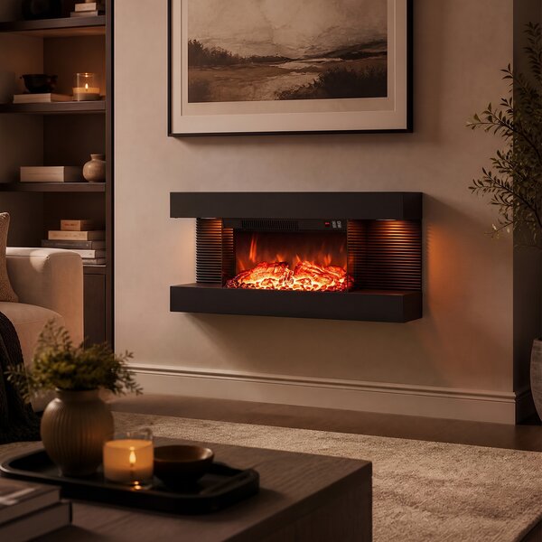 Costway Camino elettrico da parete/terra su 3 lati con 12 colori di fiamma, Caminetto decorativo da parete con luci led e timer 1-8h 82 x 20,5 x 42 cm
