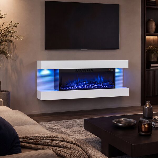 Costway Camino elettrico da parete/terra su 3 lati con 12 colori di fiamma, Caminetto decorativo da parete con luci led e timer 1-8h 101,5 x 20,5 x 42 cm Bianco