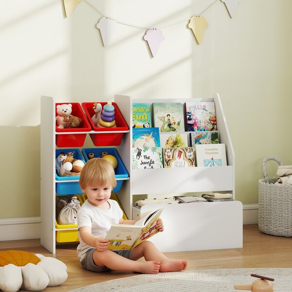 AIYAPLAY Mobile Portagiochi per Bambini con 6 Contenitori e Cassetto su Ruote, 100x30x80 cm, Multicolore | Aosom Italy