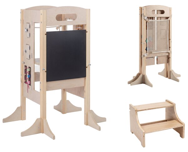 Costway Torre montessoriana bambini torre di apprendimento pieghevole 3 in 1, Torre sensoriale montessori infantile lavagna rimovibile