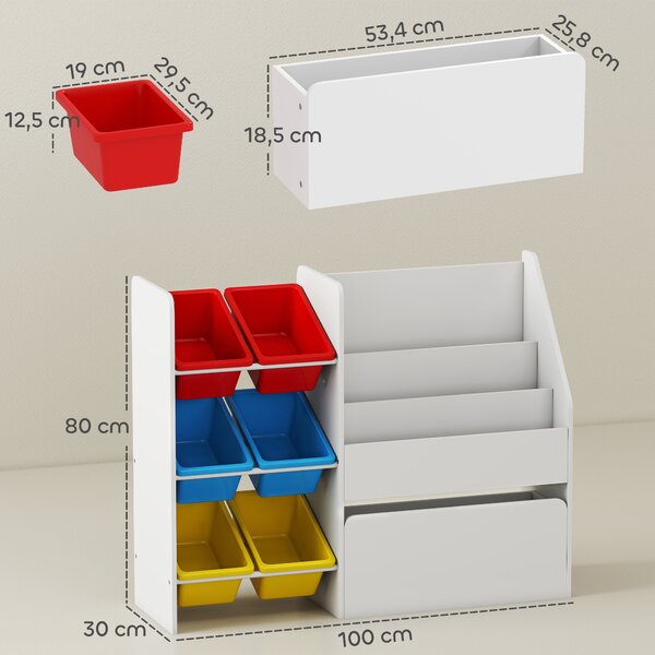 AIYAPLAY Mobile Portagiochi per Bambini con 6 Contenitori e Cassetto su Ruote, 100x30x80 cm, Multicolore | Aosom Italy