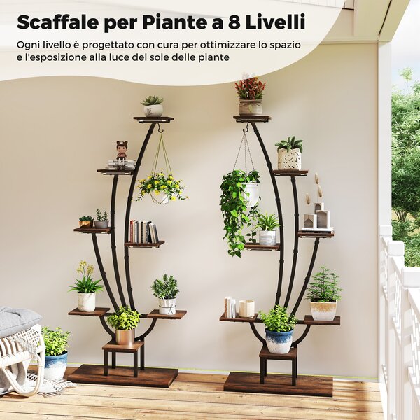 Costway Porta vasi per piante multiple scaffale angolare in metallo a 8 ripiani per fiori, Supporto per piante da interno con luci di crescita Marrone 1 Pezzo