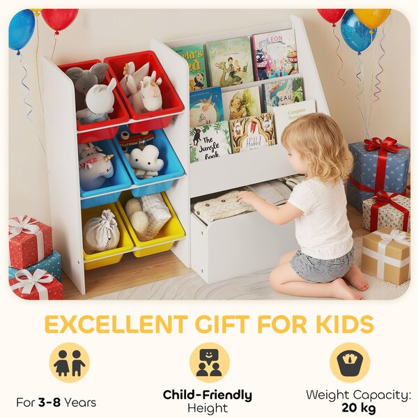 AIYAPLAY Mobile Portagiochi per Bambini con 6 Contenitori e Cassetto su Ruote, 100x30x80 cm, Multicolore | Aosom Italy