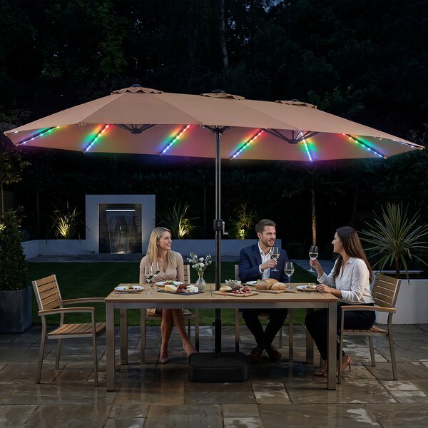 Costway Ombrellone doppio da giardino con luci regolabili manovella base, Ombrellone ampio doppio protezione solare resistente Marrone