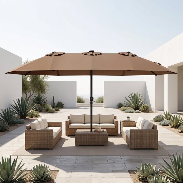 Costway Ombrellone doppio da giardino con luci regolabili manovella, Ombrellone ampio doppio protezione solare resistente Marrone