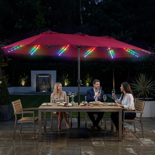Costway Ombrellone doppio da giardino con luci regolabili manovella base, Ombrellone ampio doppio protezione solare resistente Rosso