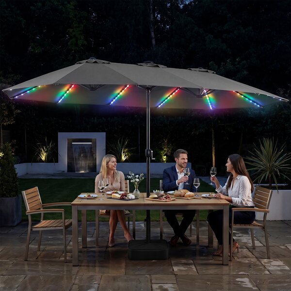Costway Ombrellone doppio da giardino con luci regolabili manovella base, Ombrellone ampio doppio protezione solare resistente Grigio