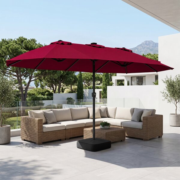 Costway Ombrellone doppio da giardino con luci regolabili manovella base, Ombrellone ampio doppio protezione solare resistente Rosso