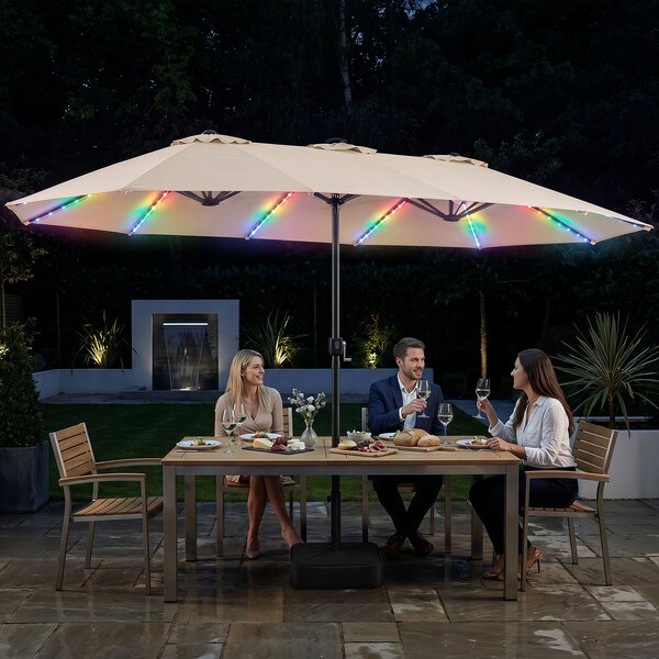 Costway Ombrellone doppio da giardino con luci regolabili manovella base, Ombrellone ampio doppio protezione solare resistente Beige