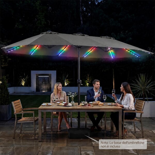 Costway Ombrellone doppio da giardino con luci regolabili manovella, Ombrellone ampio doppio protezione solare resistente Grigio