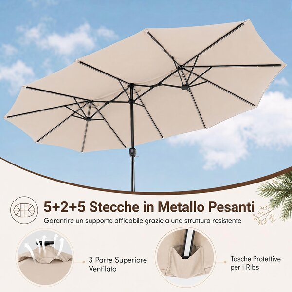 Costway Ombrellone doppio da giardino con luci regolabili manovella, Ombrellone ampio doppio protezione solare resistente Beige