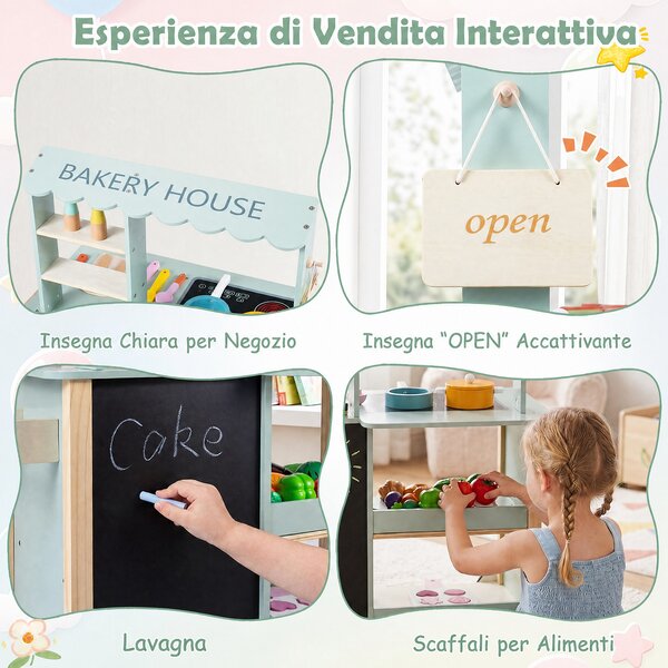 Costway Cucina realistica per bambini 3+ anni con piano cottura forno lavagna 4 ripiani, Set cucina giocattolo per interno ed esterno