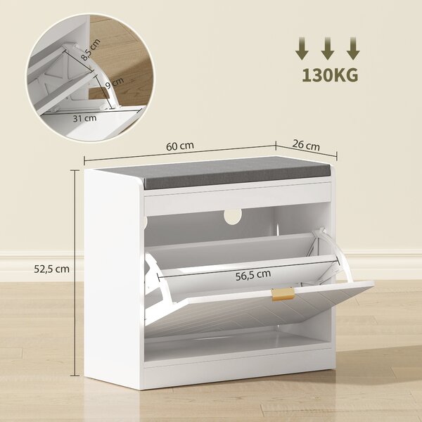 HOMCOM Panca Portascarpe Contenitore con Seduta Imbottita e Cassetto Ribaltabile, 60x26x52.5 cm, Bianco | Aosom Italy