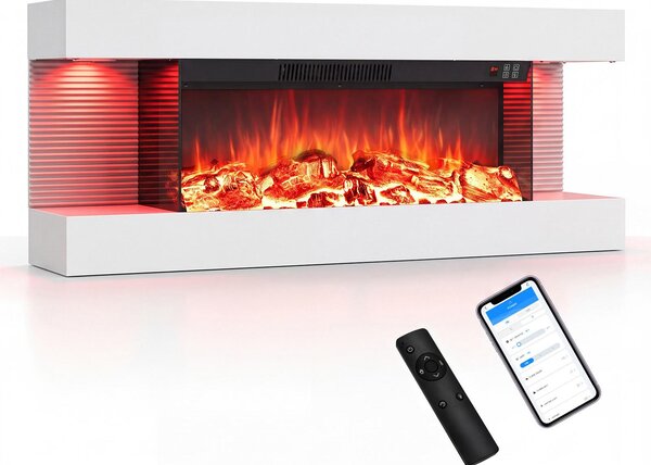 COSTWAY, caminetto elettrico da 32 pollici, a 3 lati, caminetto decorativo con riscaldamento da 750W/1500W, caminetto da parete con luci LED laterali, effetto fiamma 3D, 12 colori di fiamma e timer