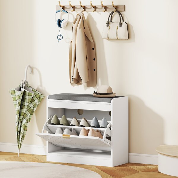 HOMCOM Panca Portascarpe Contenitore con Seduta Imbottita e Cassetto Ribaltabile, 60x26x52.5 cm, Bianco | Aosom Italy