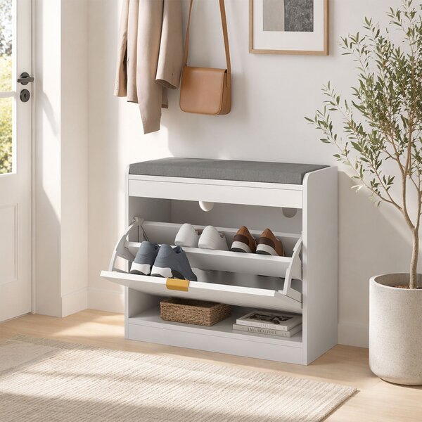 HOMCOM Panca Portascarpe Contenitore con Seduta Imbottita e Cassetto Ribaltabile, 60x26x52.5 cm, Bianco | Aosom Italy