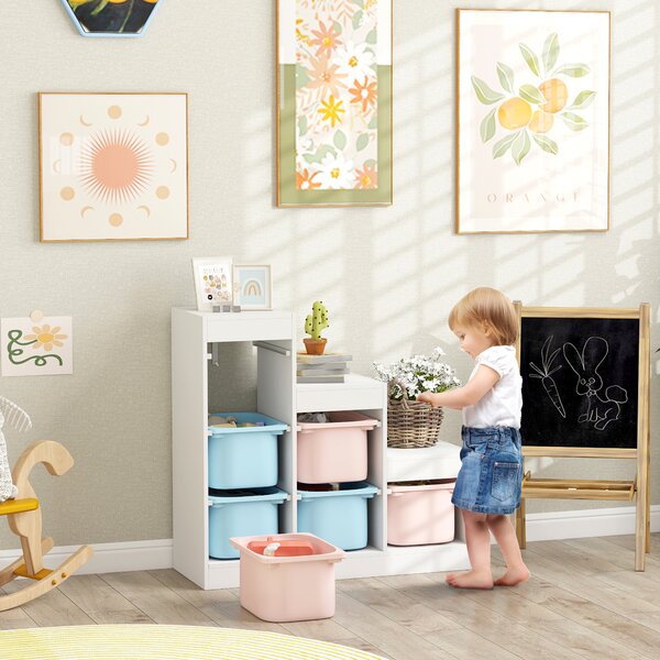 AIYAPLAY Mobile Portagiochi per Bambini con 6 Contenitori e 3 Livelli, 96x38.5x90 cm, Rosa e Azzurro | Aosom Italy