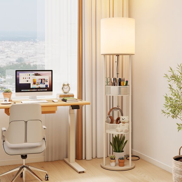 Costway Lampada da terra con 2 cestini portaoggetti con mensola con base in legno paralume in tessuto, Lampada piantana per soggiorno e ufficio