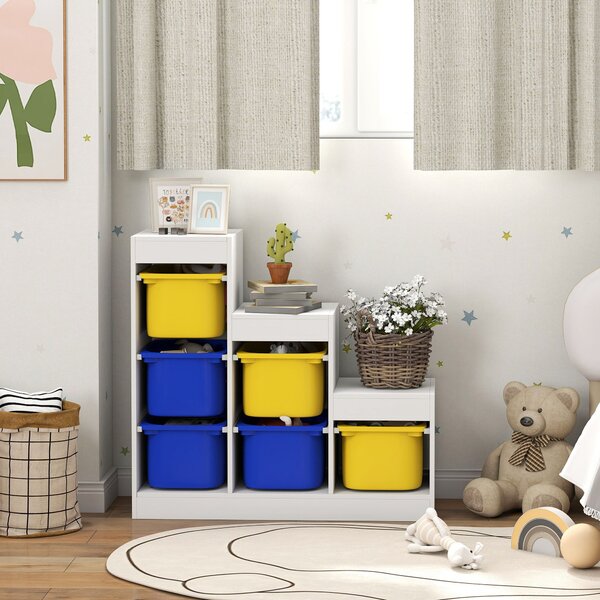 AIYAPLAY Mobile Portagiochi per Bambini con 6 Contenitori e 3 Livelli, 96x38.5x90 cm, Giallo e Blu | Aosom Italy