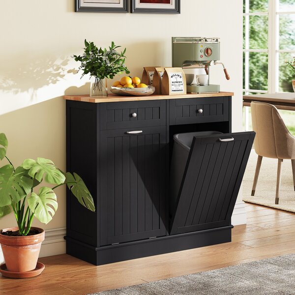 Costway Isola da cucina con cestini ribaltabili doppi per pattumiera piano legno caucciù tagliere 2 cassetti, Mobile contenitore per cucina lavanderia Nero