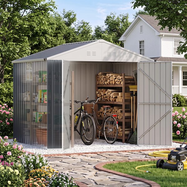 Costway Grande capanno da giardino in acciaio zincato con tetto spiovente con lucernario guanti, Casetta porta attrezzi per cortile e patio