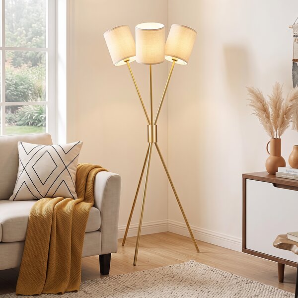 Costway Lampada da terra con 3 paralumi in tessuto e treppiede con struttura in metallo, Lampada da salotto per soggiorno e camera da letto