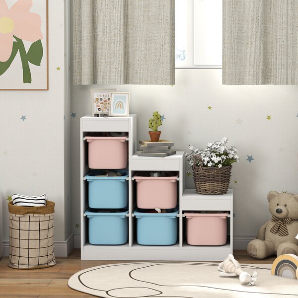 AIYAPLAY Mobile Portagiochi per Bambini con 6 Contenitori e 3 Livelli, 96x38.5x90 cm, Rosa e Azzurro | Aosom Italy