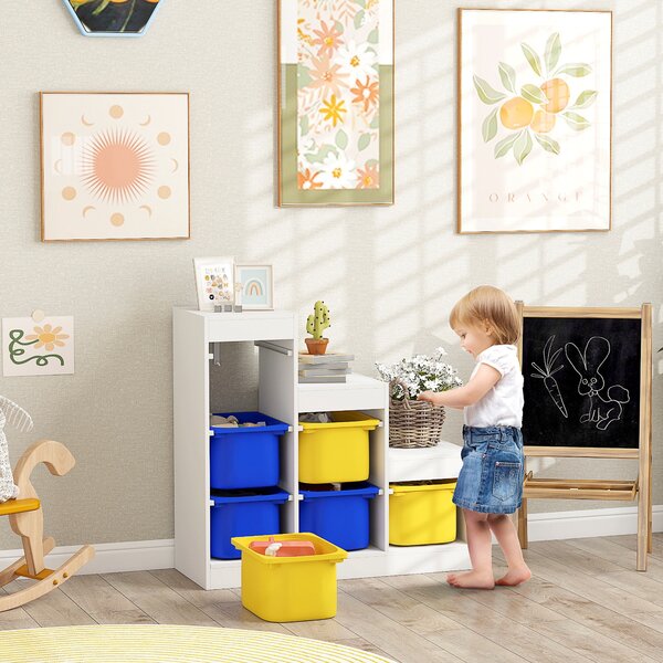 AIYAPLAY Mobile Portagiochi per Bambini con 6 Contenitori e 3 Livelli, 96x38.5x90 cm, Giallo e Blu | Aosom Italy