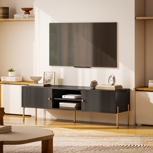 HOMCOM Mobile porta TV fino a 165.1 cm con Ante Cannettate e Scomparti Aperti, 140x38x45.9 cm, Nero | Aosom Italy