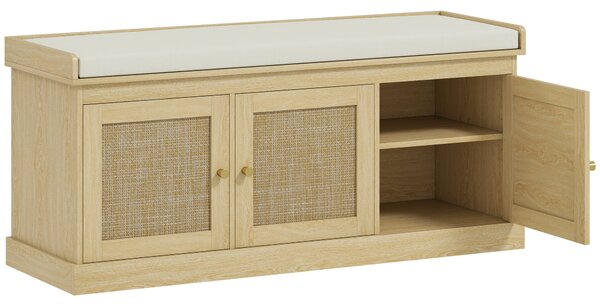 HOMCOM Panca Portascarpe per 9 Paia con 3 Ante in Rattan e Cuscino, 105x35x47 cm, Rovere | Aosom Italy